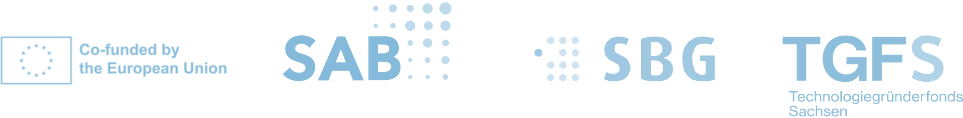 Logos of the European Union (“Co-funded by the European Union”), SAB, SBG and TGFS Technologiegründerfonds Sachsen.