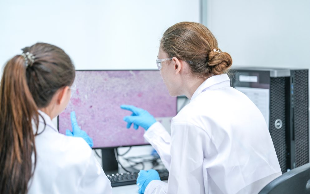 A scientist looks at a fluorescent tissue scan on a monitor in the KATANA edge viewer.