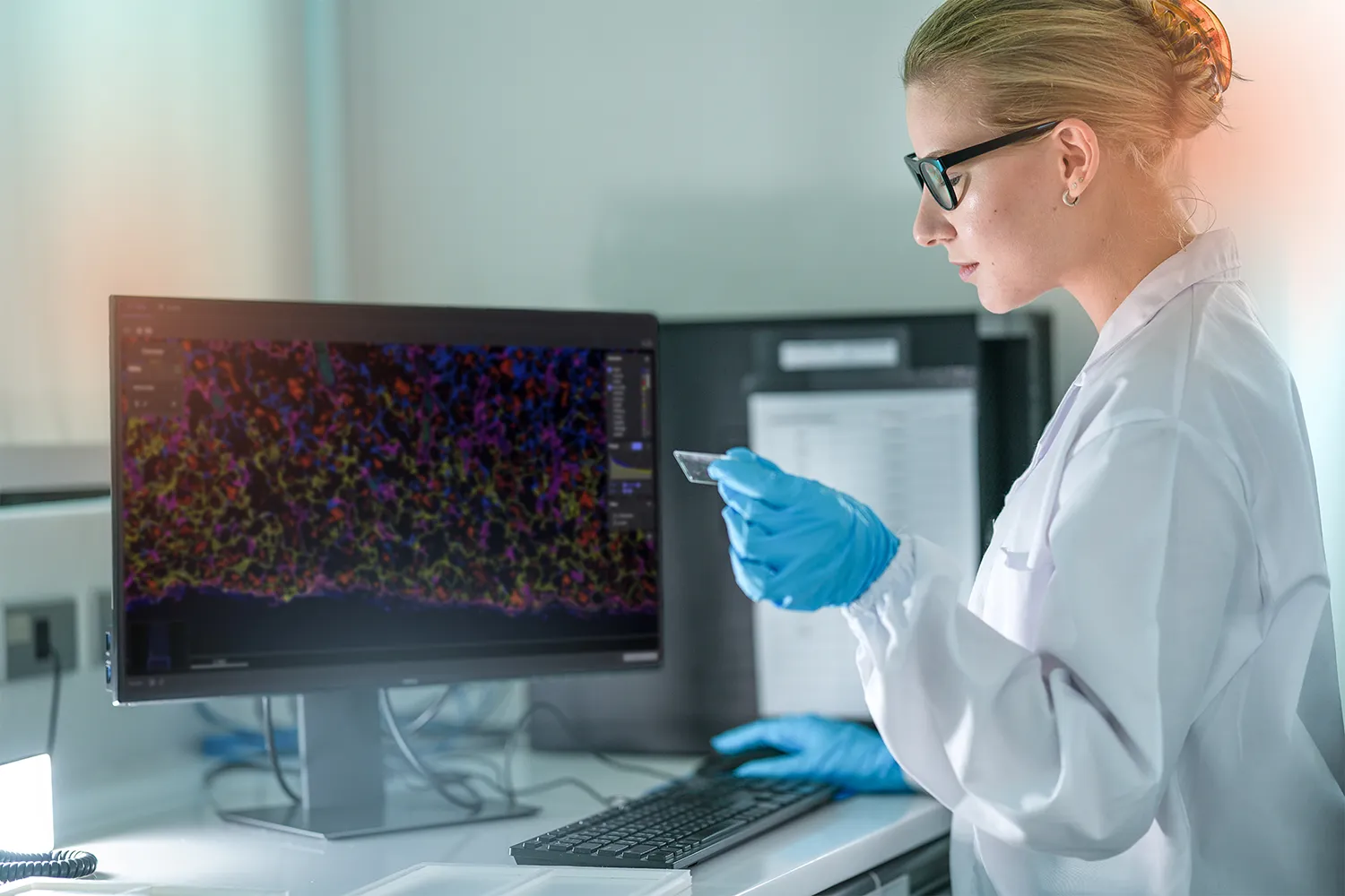 A scientist in gloves holds a slide next to a monitor showing a tissue scan.